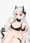  1girl arknights black_collar bodysuit bottomless breasts cleavage collar cowboy_shot demon_horns earclip grey_hair groin hair_between_eyes horns infection_monitor_(arknights) inniyik large_breasts long_hair looking_at_viewer mudrock_(arknights) no_pussy open_bodysuit open_mouth oripathy_lesion_(arknights) pointy_ears red_eyes simple_background sitting solo thighs white_background white_bodysuit 