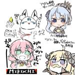  3girls :&gt; ahoge bangs blonde_hair blue_eyes blue_hair blush chibi commentary_request crying eyebrows_visible_through_hair facial_hair green_eyes hair_between_eyes hair_ribbon hololive hoshimachi_suisei long_hair multiple_girls mustache one_side_up pink_hair purple_eyes ribbon sakura_miko shirakami_fubuki_(artist) sidelocks sketch sukonbu_(shirakami_fubuki) translation_request tsunomaki_watame virtual_youtuber 