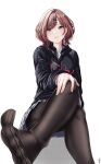  1girl absurdres black_legwear crossed_legs end_mha expressionless feet foot_focus hand_on_own_knee head_tilt highres higuchi_madoka idolmaster idolmaster_shiny_colors invisible_chair looking_at_viewer mole mole_under_eye no_shoes plaid plaid_skirt pleated_skirt red_eyes red_hair short_hair simple_background sitting skirt solo wavy_hair white_background 