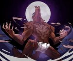  anthro blue_eyes boxer_briefs brown_body brown_fur canid canine chest_tuft claws clothed clothing erection erection_under_clothing finger_claws full_moon fur game_cg howl male mammal monster_prom moon official_art scott_howl_(monster_prom) solo tuft underwear were werecanid werecanine werewolf 