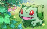  :d bright_pupils bulbasaur claws commentary_request day fangs flower grass leaf looking_up mega_(fuigraph365) no_humans open_mouth outdoors pink_flower pokemon pokemon_(creature) red_eyes smile solo standing tongue water_drop white_pupils 