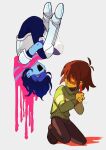  2others armor armored_boots bangs blue_hair blue_skin boots brown_hair colored_skin deltarune dual_persona gloves grey_background hair_between_eyes highres holding holding_pencil kneeling kris_(deltarune) long_sleeves multiple_others open_mouth pants parted_lips pencil red_eyes scared senjochi_janai shaded_face simple_background sweat sweater upside-down white_gloves yellow_skin 