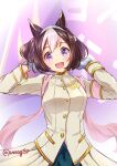  1girl animal_ears bangs blush breasts brown_hair character_name cosplay gloves hairband hand_in_own_hair hands_in_hair highres horse_ears jacket king_halo_(noble_white_cheer_attire)_(umamusume) king_halo_(umamusume) king_halo_(umamusume)_(cosplay) long_sleeves looking_at_viewer medium_breasts multicolored_hair purple_eyes short_hair skirt smile sodemaru_unagi special_week_(umamusume) stole twitter_username two-tone_hair umamusume upper_body white_gloves white_jacket 