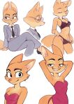  2022 anthro bra breasts business_attire business_suit canid canine clothed clothing colo diane_foxington dreamworks dress eyewear female fox fur glasses hi_res looking_at_viewer mammal necktie orange_body orange_fur panties red_clothing red_dress smile solo suit teeth the_bad_guys underwear 