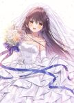  1girl bare_shoulders blue_ribbon blush brown_hair collarbone dress elbow_gloves flower gloves highres jewelry long_hair necklace original petals ribbon smile solo strapless strapless_dress tanihara_natsuki veil wedding_dress white_dress white_flower white_gloves yellow_eyes 