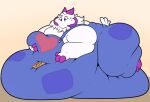  ambiguous_gender anthro bodily_fluids candy chocolate claws clothing dessert food fur immobile lugiaberry obese obese_anthro overalls overweight overweight_anthro simple_background solo sweat sweatdrop thick_thighs wide_hips 