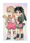  2boys absurdres alternate_costume animal_bag animal_ears backpack bag bakugou_katsuki bandaid bandaid_on_face bandaid_on_leg bandaid_on_nose black_legwear blonde_hair boku_no_hero_academia border brown_footwear bunny_bag cat_boy cat_ears cat_tail child clenched_hands closed_mouth commentary_request freckles frown green_eyes green_hair green_sailor_collar green_shirt green_shorts highres kemonomimi_mode korean_commentary looking_at_viewer looking_back male_focus midoriya_izuku misa_(jjin_miryeon) multiple_boys open_mouth pink_bag pink_sailor_collar pink_shorts rabbit_boy rabbit_ears rabbit_tail red_eyes sailor_collar shirt shoes short_hair short_sleeves shorts signature socks spiked_hair standing tail tree twitter_username white_border white_footwear white_legwear white_shirt yellow_bag younger 