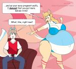  2015 angel_(gamemaster19863) anthro belly big_belly big_breasts blonde_hair blue_eyes bottomwear breasts canid canine clothing controller digital_media_(artwork) duo english_text female fox fur game_controller hair hyper hyper_pregnancy lingerie male mammal multicolored_body multicolored_fur navel nero_(gamemaster19863) open_mouth outie_navel panties pants pregnant pregnant_female red_eyes satsumalord shirt speech_bubble text topwear two_tone_body two_tone_fur underwear 