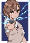  1girl blue_background blush border brown_eyes brown_hair brown_vest closed_mouth coin commentary_request electricity electrokinesis hair_ornament hairclip highres holding holding_coin looking_at_viewer misaka_mikoto nyanmaru_(ememing) outside_border school_uniform shirt short_hair short_sleeves simple_background smile solo sweater_vest toaru_kagaku_no_railgun toaru_majutsu_no_index tokiwadai_school_uniform upper_body vest white_border white_shirt 