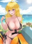 1girl ahoge artist_name bare_shoulders beach bikini bikini_pull black_bikini blonde_hair blue_sky breasts clothes_pull cloud collarbone day english_commentary front-tie_bikini front-tie_top grass ground_vehicle highres iwikker large_breasts lens_flare long_hair looking_to_the_side motor_vehicle motorcycle navel o-ring o-ring_bikini ocean on_motorcycle open_mouth outdoors pulled_by_self purple_eyes rock rwby side-tie_bikini sign signpost sitting sky smile solo sparkle stomach string_bikini sunlight swimsuit teeth untied untied_bikini untying upper_teeth water wavy_hair yang_xiao_long 