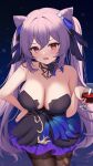  1girl alcohol bare_shoulders breasts brown_legwear cleavage collarbone cup drinking_glass eyebrows_visible_through_hair genshin_impact hair_between_eyes hair_cones hand_on_hip highres holding holding_cup icwine keqing_(genshin_impact) keqing_(opulent_splendor)_(genshin_impact) large_breasts long_hair looking_at_viewer official_alternate_costume pantyhose pink_eyes purple_hair solo twintails twitter_username wine wine_glass 