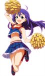  1girl ahoge cheering cheerleader commentary_request crop_top green_eyes highres holding holding_pom_poms hum_desu idolmaster idolmaster_million_live! jumping long_hair looking_at_viewer miniskirt mochizuki_anna navel open_mouth pleated_skirt pom_pom_(cheerleading) purple_hair shirt skirt sleeveless sleeveless_shirt solo tank_top white_background 