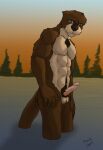  2009 abs anthro arakupa balls brown_body brown_fur chest_tuft erection fur genitals lake looking_at_viewer lutrine male mammal multicolored_body multicolored_fur muscular muscular_anthro muscular_male mustelid partially_submerged pecs penis plant pubes signature solo tree tuft water whiskers white_body white_fur 