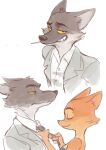  2022 anthro business_attire business_suit canid canine canis clothed clothing colo diane_foxington dreamworks duo eyes_closed female fox fur hi_res male mammal mr._wolf_(the_bad_guys) necktie orange_body orange_fur shirt simple_background smile suit the_bad_guys topwear wolf 