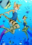  absurd_res aiden_(panzery25) anthro blush bubble chef_cheiro_(artist) chef_cheiro_(character) clothing diving diving_fins duo felid hi_res looking_at_viewer male male/male mammal one-piece_swimsuit pantherine school_swimsuit shame shy swimming swimwear tiger underwater water 