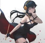  1girl bare_shoulders black_dress black_gloves black_hair black_legwear breasts cleavage dagger dress dual_wielding earrings falling_petals fingerless_gloves floating_hair flower gloves gold_earrings gold_hairband guihuo_inferno hair_flower hair_ornament highres holding holding_dagger holding_weapon jewelry knife large_breasts long_hair looking_at_viewer parted_lips petals red_eyes rose solo spikes spy_x_family two-sided_dress two-sided_fabric weapon yor_briar 