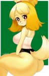  2020 animal_crossing anthro blonde_hair blush border breasts butt canid canine canis clothed clothing digital_media_(artwork) domestic_dog female fur green_background hair hi_res isabelle_(animal_crossing) looking_at_viewer looking_back looking_back_at_viewer mammal nintendo shaded simple_background solo tealsick topwear video_games white_border white_clothing white_topwear yellow_body yellow_fur 