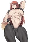  1girl abs absurdres arm_behind_head bangs bare_arms bare_shoulders biceps black_pants black_shirt body_markings breast_tattoo breasts detached_sleeves eyebrows_visible_through_hair facial_mark fuuma_kotarou_(tenkaichi) gradient_hair halter_top halterneck hand_on_hip highres large_breasts long_hair looking_to_the_side midriff multicolored_hair muscular muscular_female navel orange_eyes pants red_eyes red_hair shirt simple_background skin_tight sleeveless solo tattoo tenkaichi_nihon_saikyou_bugeisha_ketteisen thick_thighs thighs toned underboob upper_body urec white_background wristband 