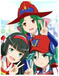  3girls bangs black_hair choudenji_machine_voltes_v choudenji_robo_combattler_v commentary_request daimo-kun dated eyebrows_visible_through_hair green_eyes green_hair hair_ribbon hat hime_cut long_hair looking_at_viewer multiple_girls orange_eyes ribbon robot_girls_z shigoto_manblue shiny shiny_hair sidelocks smile toushou_daimos v v-chan volte-san 