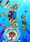  absurd_res aiden_(panzery25) anthro bubble chef_cheiro_(artist) chef_cheiro_(character) clothing diving diving_mask duo eyewear felid fin goggles hi_res male male/male mammal mask okane_akemi one-piece_swimsuit pantherine school_swimsuit scuba scuba_diver scuba_gear scuba_tank swimming swimwear tiger underwater water 