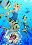  absurd_res aiden_(panzery25) anthro bubble chef_cheiro_(artist) chef_cheiro_(character) clothing diving duo felid fin hi_res male male/male mammal okane_akemi one-piece_swimsuit pantherine school_swimsuit swimming swimwear tiger underwater water 