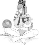 1girl bangs blush breasts clothes_lift cup drinking electric_fan eyebrows_visible_through_hair feet frogsnake front_ponytail full_body greyscale hair_ribbon hand_up holding holding_cup huge_breasts indian_style inverted_nipples kagiyama_hina lifted_by_self looking_to_the_side monochrome panties ribbon shirt shirt_lift sitting solo sweat t-shirt touhou underwear wrist_ribbon 