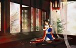  1girl black_hair blue_dress cape curtains dress flower food fruit hair_flower hair_ornament hand_on_own_chest highres light_rays looking_to_the_side orange_(fruit) red_cape solo table twintails window xian_jian_qi_xia_zhuan zhao_ling_er_shao_guan_lu zhao_linger 