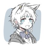  1boy ahoge animal_ear_fluff animal_ears blue_bow blue_bowtie bow bowtie braid commentary_request earrings extra_ears fox_boy fox_ears green_eyes grey_jacket hololive jacket jewelry looking_at_viewer open_clothes open_jacket personification shirakami_fubuki_(artist) shirt single_braid sketch sukonbu_(shirakami_fubuki) virtual_youtuber white_hair white_shirt 