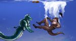  abs anthro belt bgn bottomwear brown_body brown_fur clothing diving duo erection eye_contact fin fish fur genitals green_body hat headgear headwear hi_res hybrid looking_at_another lutrine male mammal marine merfolk mermaid_tail muscular muscular_anthro muscular_male mustelid nipples nude pecs penis shorts signature split_form suina underwater water whiskers 