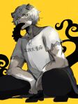  1boy animal_ears arknights bear_boy bear_ears bishounen full_body highres jaye_(arknights) jewelry male_focus necklace ring ring_necklace shirt short_hair simple_background solo squatting tentacles tentacles_in_mouth tentacles_on_male user_nemuiniwa white_shirt yellow_background 