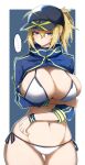  ... 1girl ahoge arm_under_breasts artoria_pendragon_(fate) baseball_cap bikini blonde_hair blue_eyes blue_headwear blue_jacket blush breasts cleavage cropped_jacket fate/grand_order fate_(series) gin_moku hair_between_eyes hair_through_headwear hat highres holding_own_arm jacket large_breasts long_hair long_sleeves looking_at_viewer mysterious_heroine_xx_(fate) navel ponytail short_ponytail shrug_(clothing) sidelocks simple_background solo speech_bubble spoken_ellipsis stomach swimsuit thighs white_bikini wristband 
