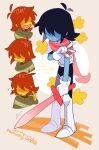  1other armor armored_boots bangs black_bodysuit black_hair blue_skin blush bodysuit boots brown_hair closed_mouth colored_skin deltarune english_text flying_sweatdrops gloves highres holding holding_sword holding_weapon kris_(deltarune) multiple_views no_eyes open_mouth red_scarf scarf senjochi_janai short_hair simple_background standing sweater sword symbol-only_commentary v weapon white_gloves yellow_skin 