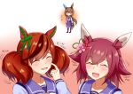  3girls admire_vega_(umamusume) animal_ears blush chibi closed_eyes commentary_request flower hair_between_eyes hair_flaps hair_flower hair_ornament happy horse_ears horse_tail looking_at_viewer medium_hair mizunomiyako multiple_girls nice_nature_(umamusume) open_mouth pink_hair red_hair sakura_chiyono_o_(umamusume) school_uniform simple_background tail thighhighs tracen_school_uniform umamusume 