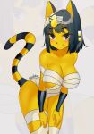  2021 animal_crossing ankha_(animal_crossing) anthro artist_name bandage bangs blowup_background blush breasts digital_media_(artwork) egyptian_headdress female fur hand_on_own_thigh hi_res markings nintendo shaded simple_background solo striped_markings striped_tail stripes tail_markings tealsick video_games yellow_body yellow_fur 