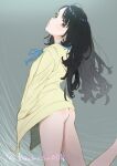  1girl ass black_hair bottomless from_side grey_background hand_in_pocket hood hoodie leg_up long_hair looking_at_viewer looking_back naked_hoodie o3o original signature solo tanaka_masayoshi twitter_username yellow_hoodie 