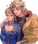  ... 2boys blonde_hair chest_cutout dio_brando earrings fang fang_out father_and_son giorno_giovanna gold_trim green_lips hand_on_another&#039;s_shoulder headband heart highres jewelry jojo_no_kimyou_na_bouken male_focus masanaga_(tsukasa) multiple_boys purple_eyes red_eyes school_uniform simple_background spoken_ellipsis spoken_heart stud_earrings upper_body white_background 