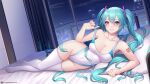  1girl aqua_eyes aqua_hair artist_name bangs bare_hips bed_sheet breasts cityscape cleavage closed_mouth collarbone covered_navel full_body groin hair_between_eyes hatsune_miku highleg highleg_swimsuit highres indoors jurrig large_breasts long_hair looking_at_viewer lying night no_shoes numbered on_bed on_side pulled_by_self shoulder_tattoo skindentation smile solo strap_pull swimsuit tattoo thighhighs twintails very_long_hair vocaloid web_address white_legwear white_swimsuit window 