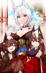  3girls absurdres akagi-chan_(azur_lane) akagi_(azur_lane) amagi-chan_(azur_lane) amagi_(azur_lane) animal_ear_fluff animal_ears azur_lane blue_skirt breasts brown_hair brown_legwear cleavage collar headpat highres kaga_(azur_lane) kitsune long_hair metal_belt metal_collar miniskirt multiple_girls open_mouth pantyhose sakuramon samip short_hair skirt white_hair 