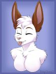  2021 absurd_res anthro blep breasts brown_ears cinnamon_(bunwithmemes) eyebrows eyes_closed fangs featureless_breasts female fur head_tuft hi_res kittyelena lagomorph leporid mammal rabbit short_fur smile solo tongue tongue_out tuft vampire white_body white_fur 