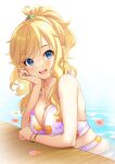  1girl absurdres bikini blonde_hair blue_eyes bracelet eyebrows_visible_through_hair floral_print flower highres idolmaster idolmaster_cinderella_girls jewelry long_hair looking_at_viewer mikapoe necklace ohtsuki_yui open_mouth partially_submerged print_bikini smile swimsuit water white_bikini 