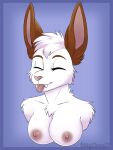  absurd_res anthro blep breasts brown_ears chest_fur chest_tuft cinnamon_(bunwithmemes) exposed_breasts eyebrows eyes_closed fangs female fur head_tuft hi_res kittyelena lagomorph leporid mammal nipples pink_nipples pink_tongue rabbit smile solo tongue tongue_out tuft vampire white_body white_fur 