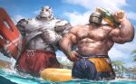  2boys abs absurdres alternate_costume animal_ears arknights bara blue_male_swimwear bulge chest_tattoo clothes_lift commission crossover feet_out_of_frame furry furry_male gun helmet highres holding holding_gun holding_surfboard holding_weapon large_hands large_pectorals lindong looking_at_viewer male_focus male_swimwear mature_male mountain_(arknights) multiple_boys muscular muscular_male navel nipples over_shoulder pectorals rainbow_six_siege red_male_swimwear scar scar_across_eye scar_on_arm scar_on_face scar_on_stomach second-party_source shirt_lift short_hair stomach surfboard swim_trunks tachanka_(rainbow_six_siege) tank_top tattoo tiger_boy tiger_ears topless_male wading weapon weapon_over_shoulder wet wet_clothes white_fur white_tank_top wristband 