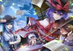  2girls absurdres bangs bass_clef beamed_eighth_notes black_headwear blue_hair bow bow_(music) breasts capelet chair chromatic_aberration cloud cloudy_sky commentary flat_sign food frilled_capelet frills fruit grand_piano hagoromo hair_between_eyes half_note half_rest hat hat_bow hat_ribbon heart highres hinanawi_tenshi holding holding_instrument instrument kyusoukyu leaf long_hair long_sleeves looking_at_viewer multiple_girls music musical_note nagae_iku neck_ribbon open_mouth parted_lips peach piano playing_instrument puffy_short_sleeves puffy_sleeves purple_hair quarter_note quarter_rest red_bow red_eyes red_ribbon ribbon shawl sheet_music shirt short_hair short_sleeves sidelocks sitting sky small_breasts smile staff_(music) touhou treble_clef upper_body violin white_shirt whole_rest 