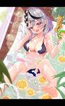  1girl absurdres bangs bathing bikini braid breasts cleavage cotolet33 faucet hair_between_eyes hair_ornament highres hololive large_breasts looking_at_viewer multicolored_hair nail_polish navel sakamata_chloe short_hair soap_bubbles solo spread_legs swimsuit virtual_youtuber x_hair_ornament 