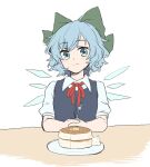  1girl :| bangs blue_dress blue_eyes blue_hair blush bow cirno closed_mouth collared_shirt dress expressionless eyebrows_visible_through_hair fairy_wings food fork green_bow hair_bow highres holding holding_fork kuromame_(8gou) looking_at_viewer neck_ribbon pinafore_dress plate puffy_short_sleeves puffy_sleeves red_ribbon ribbon shirt short_hair short_sleeves simple_background smile solo swept_bangs table touhou upper_body white_background white_shirt wings 