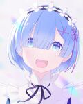  1girl bangs blue_eyes blue_hair eyebrows_behind_hair eyebrows_visible_through_hair hair_between_eyes hair_ornament hairband hairclip looking_at_viewer maid maid_headdress open_mouth re:zero_kara_hajimeru_isekai_seikatsu rem_(re:zero) short_hair simple_background smile sogdin solo upper_body white_background 