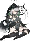  1girl absurdres ahoge arknights ass bangs bare_shoulders black_legwear breasts crocodilian_tail grey_hair highres hood hoodie looking_at_viewer pointy_ears short_hair simple_background solo staff tail thighhighs tomimi_(arknights) torn_clothes white_background xiudie yellow_eyes 