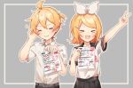  &gt;_&lt; 1boy 1girl arm_up bangs belt black_sailor_collar black_skirt blonde_hair bow bow_hairband closed_eyes collared_shirt commentary dress_shirt framed_image grey_background grin hair_bow hair_ornament hairband hairclip hand_in_own_hair highres holding holding_paper kagamine_len kagamine_rin neckerchief open_mouth outstretched_arm paper pink_neckerchief pleated_skirt sailor_collar sazanami_(ripple1996) school_uniform shirt short_hair short_ponytail short_sleeves skirt smile smug sparkle spiked_hair swept_bangs test upper_body v v-shaped_eyebrows vocaloid white_bow white_shirt 