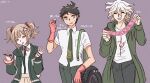  1girl 2boys :d alternate_hairstyle bangs black_jacket black_pants breast_pocket brown_skirt censored collared_shirt condom condom_wrapper danganronpa_(series) danganronpa_2:_goodbye_despair facing_viewer galaga gloves green_jacket green_necktie hair_ornament hair_scrunchie highres hinata_hajime hood hood_down hose jacket komaeda_nagito midori_(310ri_21) mosaic_censoring multiple_boys nanami_chiaki neck_ribbon necktie open_clothes open_jacket open_mouth pants pink_gloves pink_ribbon pleated_skirt pocket purple_background ribbon scrunchie shirt shirt_tucked_in skirt sleeping smile tire translation_request twintails two-tone_shirt white_shirt 