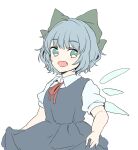  1girl :d absurdres bangs blue_dress blue_eyes blue_hair blush bow cirno collared_shirt dress eyebrows_visible_through_hair fairy_wings fang green_bow hair_bow highres kuromame_(8gou) looking_at_viewer neck_ribbon open_mouth pinafore_dress puffy_short_sleeves puffy_sleeves red_ribbon ribbon shirt short_hair short_sleeves simple_background smile solo touhou upper_body white_background white_shirt wings 